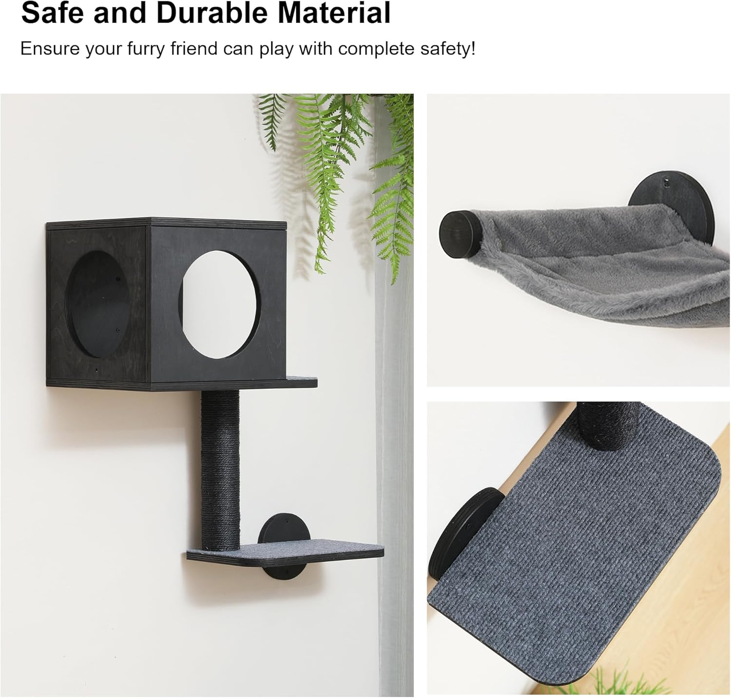 Detalle de FUKUMARU 5-Piece Cat Wall Shelves – Stable Wooden Wall-Mounted Furniture Set with Kitty Climber, Hammock, Steps, Scratching Post and Hideaway (Black)