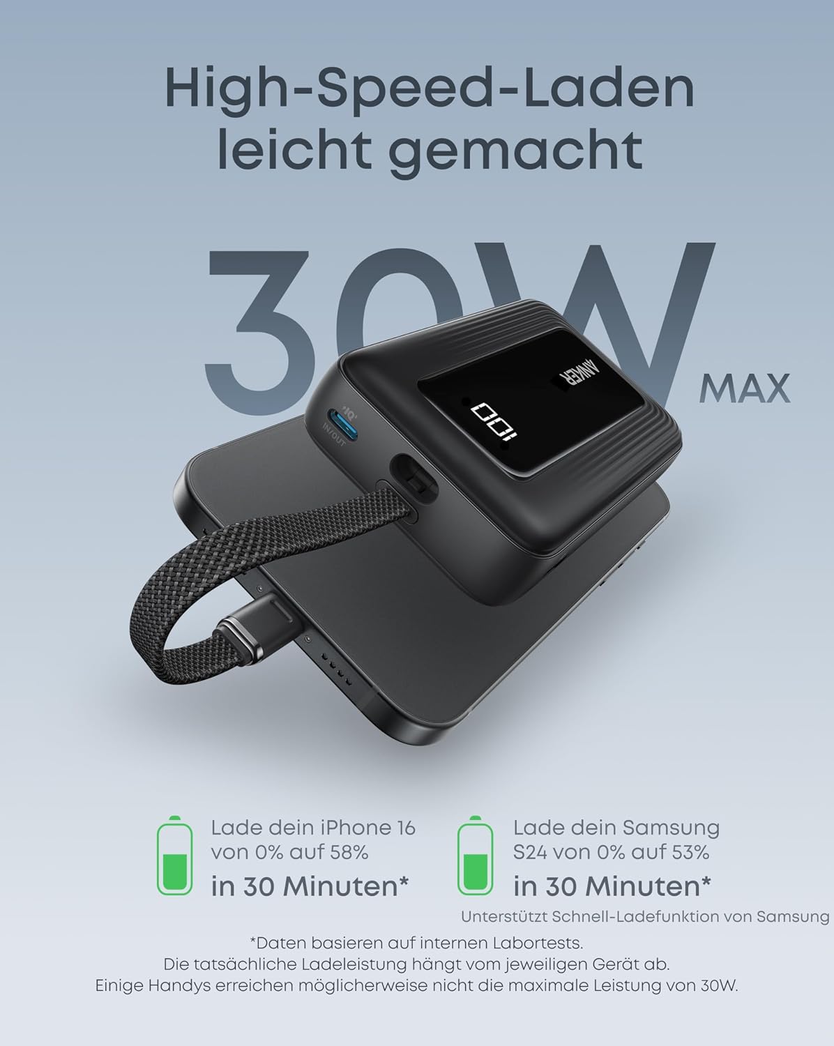 Detalle 2 de Anker Zolo Powerbank 20000mAh, 30W Max mit integriertem USB-C-Kabel