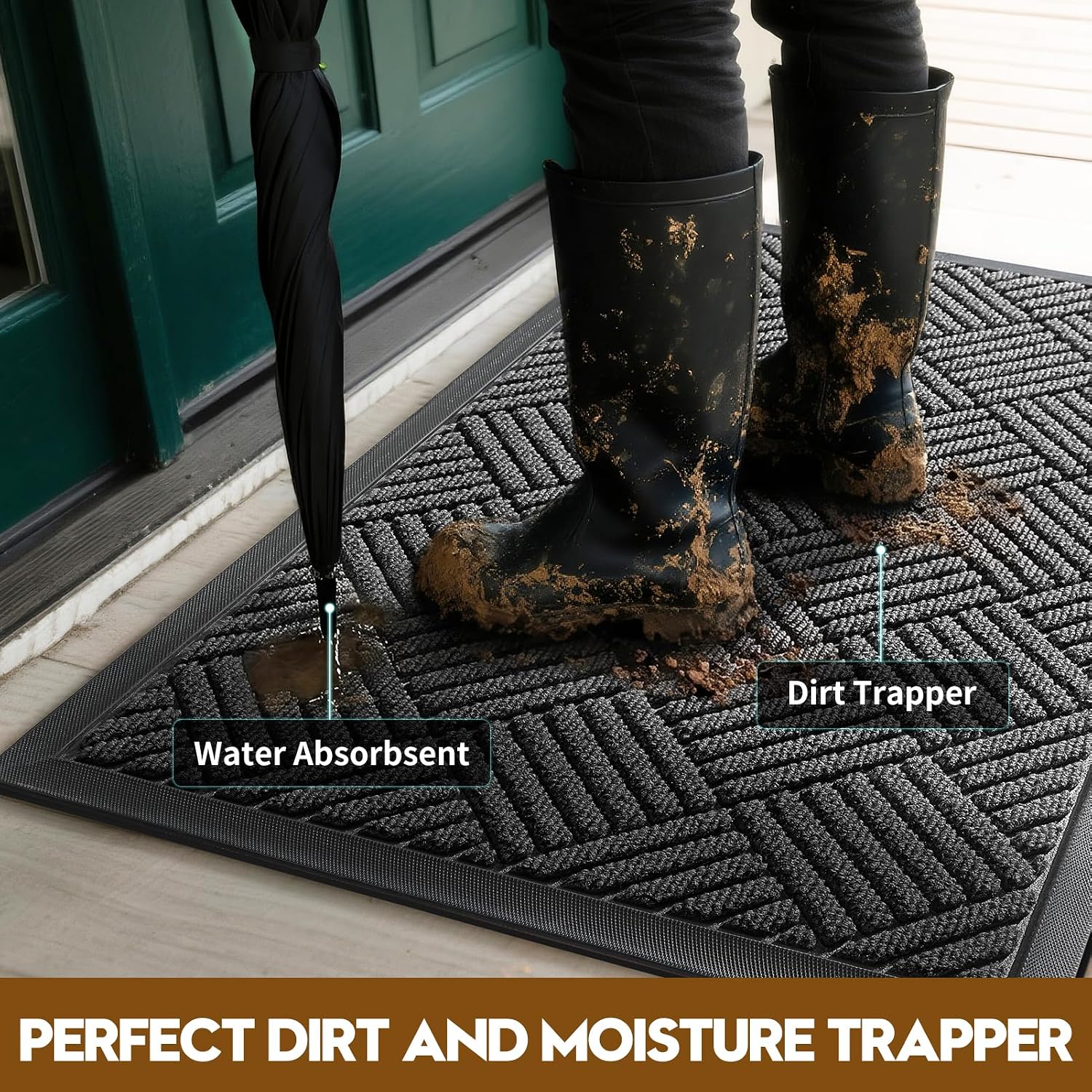 Detalle de WELDUN Front Door Mat, 47.5 x 35.5-Inch Gray Low-Profile Non-Slip Doormat