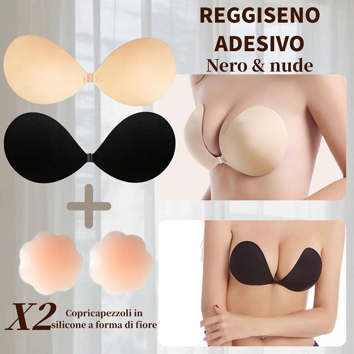 Detalle de Dresmannst Reggiseno Push Up Senza Spalline con Copri Capezzoli Bioadesivi – Set 2 Colori (Nero e Beige) e 4 Copri Capezzoli