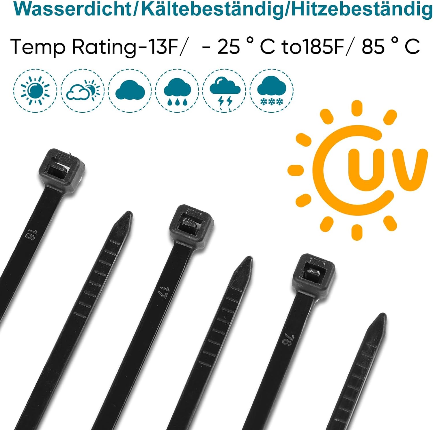 Detalle de 500 Stück Kabelbinder Schwarz, 200 mm x 4,8 mm – UV-beständig, 22 kg Zugfestigkeit