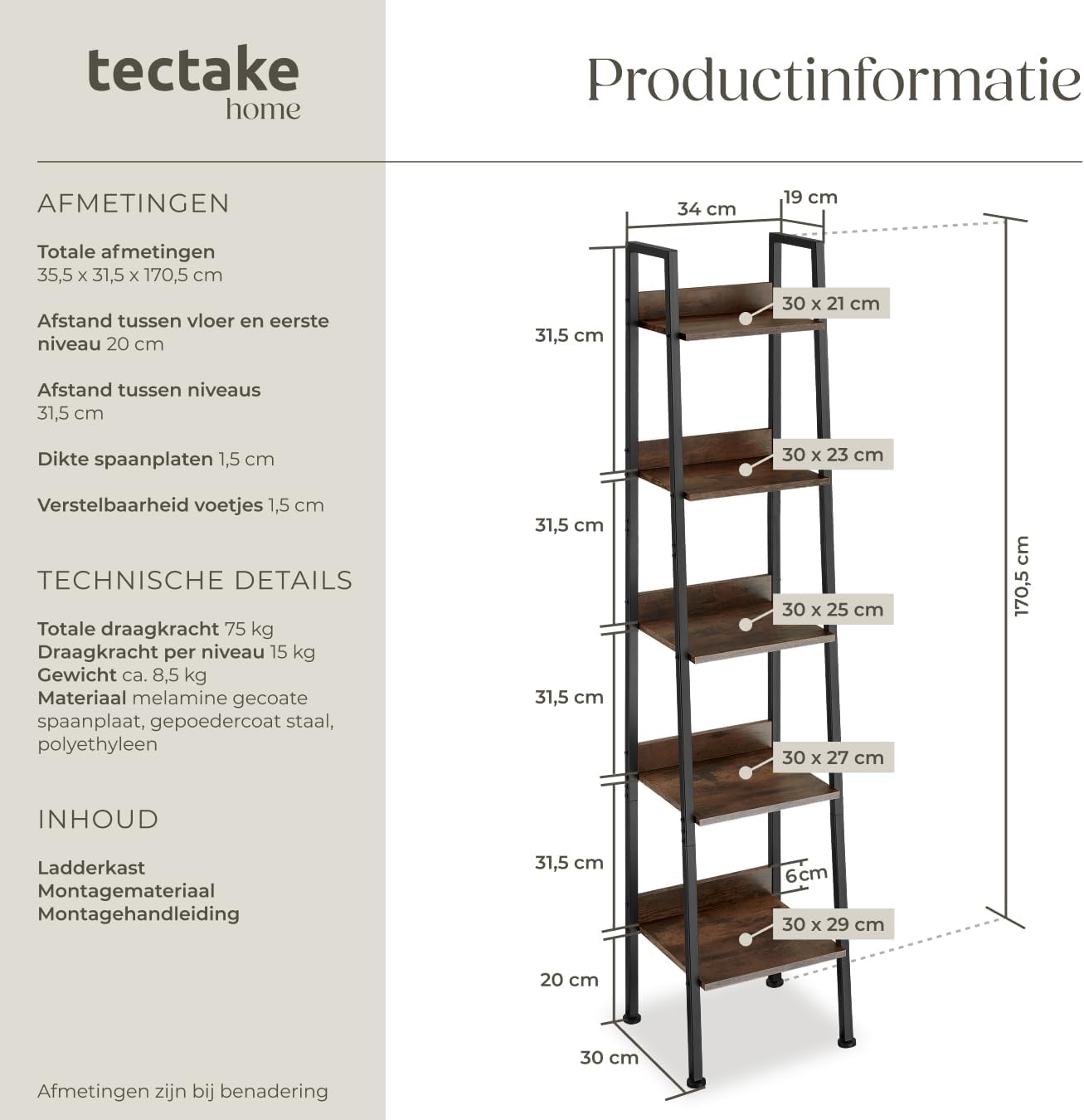 Detalle de tectake Ladderrek met 5 planken, donkerbruin en zwart staal, 170,5 cm hoog