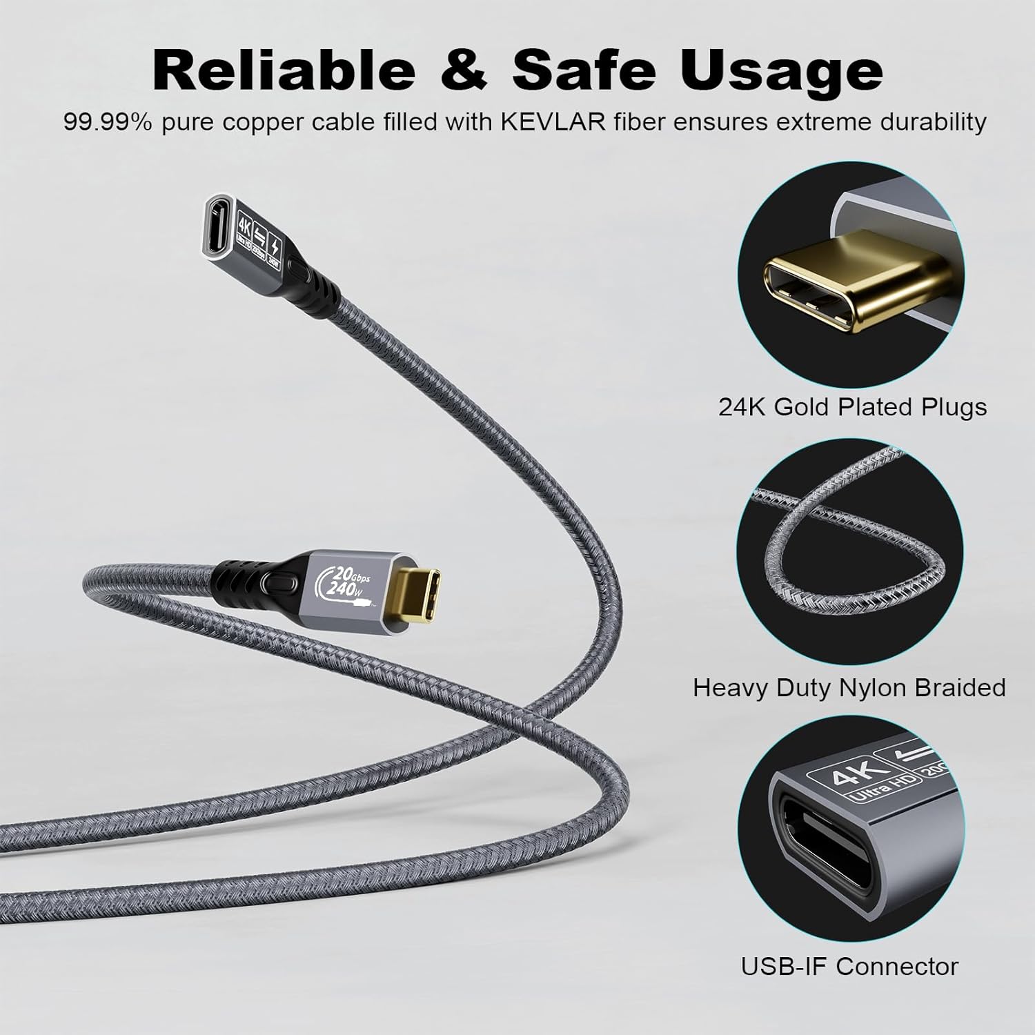 Thumbnail 4 de CHENLENIC 20Gbps USB-C 3.2 Extension Cable (USB-C Male to Female) for 4K@60Hz, 240W Charging and Data Sync