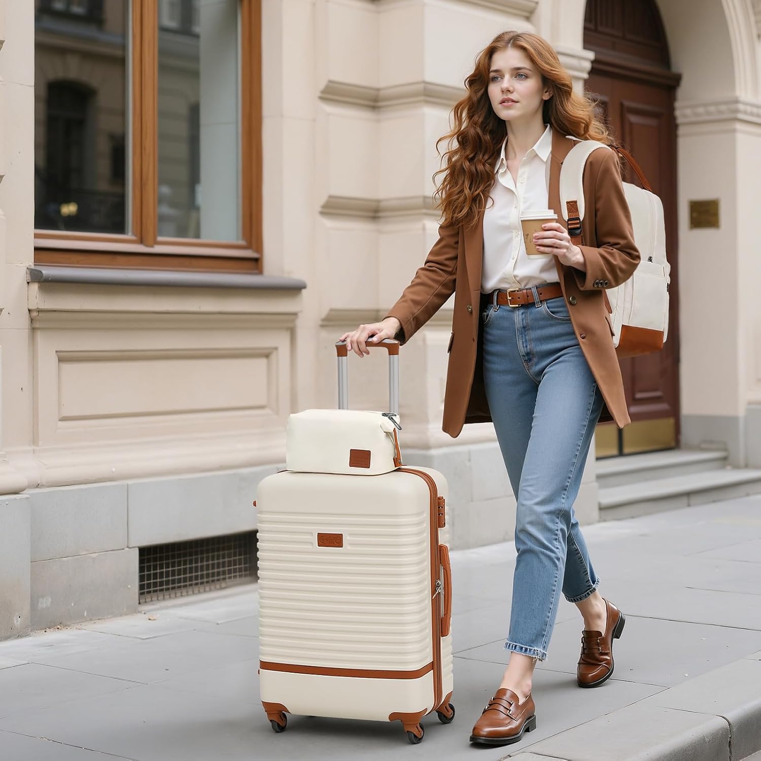 Detalle 2 de Coolife Valise 3 Pièces – Ensemble rigide ABS avec TSA, Roues 360° et Sac à Dos (Gris/Rose) – Moyenne