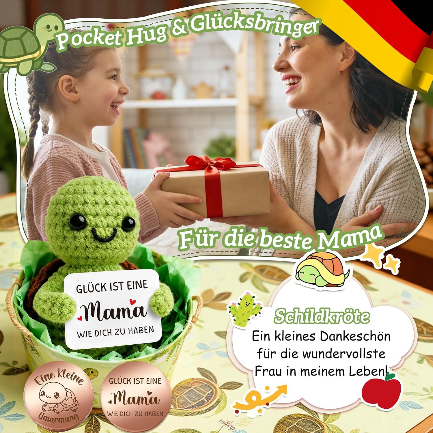 Thumbnail 2 de Giftota Pocket Hug Schildkröte – Muttertagsgeschenk, Glücksbringer mit Botschaft & Glücksmünze im Kunstleder-Etui