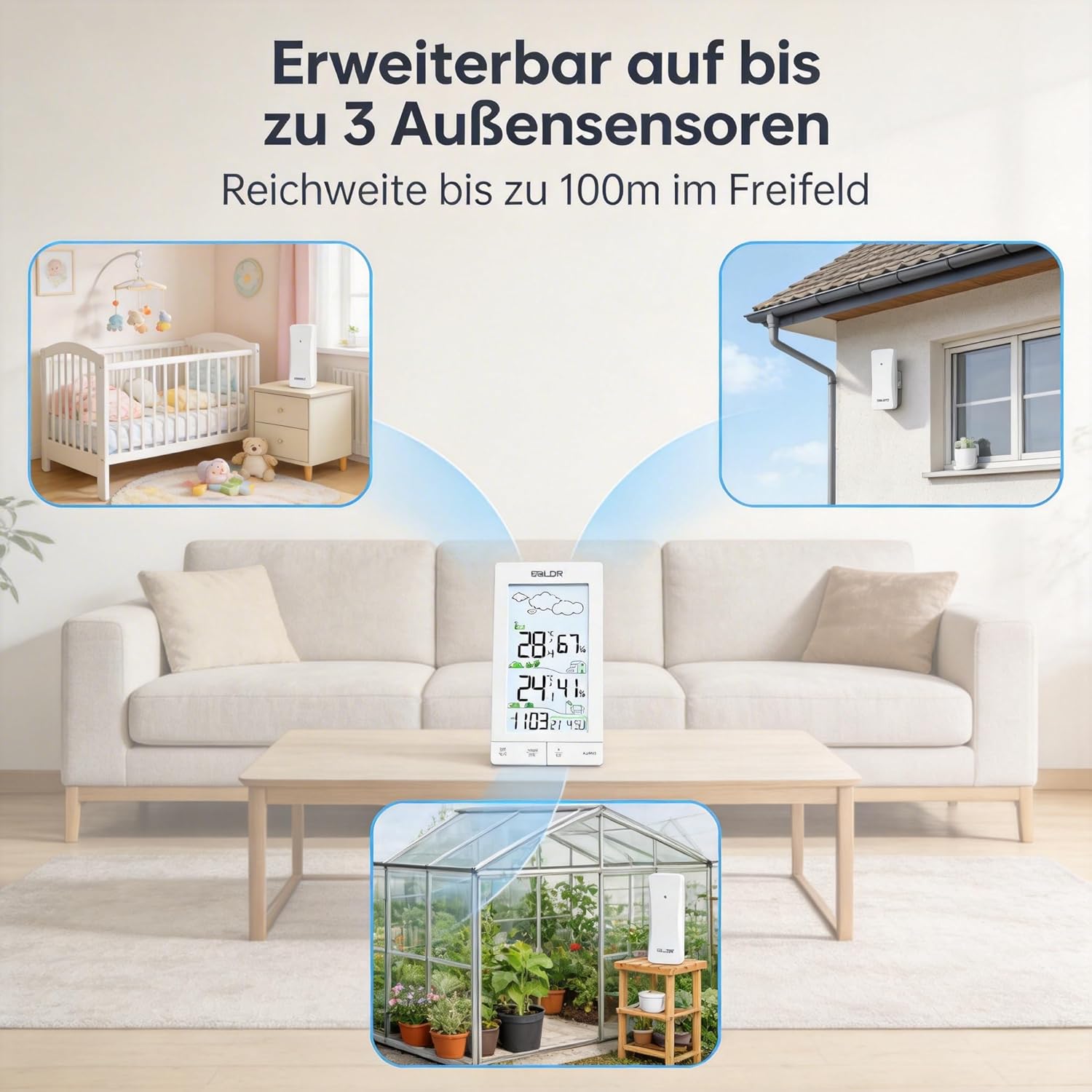 Thumbnail 3 de Konsen Wetterstation Funk für Innen/Außen mit Außensensor (DCF) – Thermometer/Hygrometer mit Beleuchtung & Wettervorhersage in Weiß
