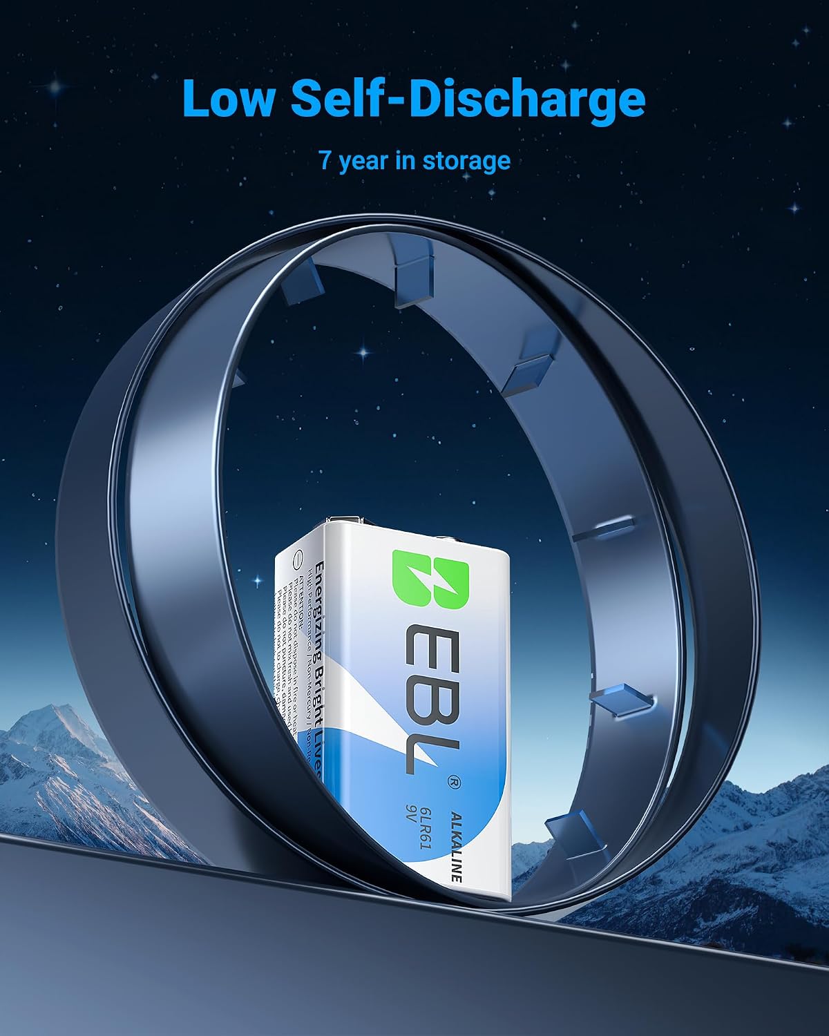 Detalle de EBL 9V Batteries 8 Pack — Alkaline, Non-Rechargeable, 7-Year Shelf Life