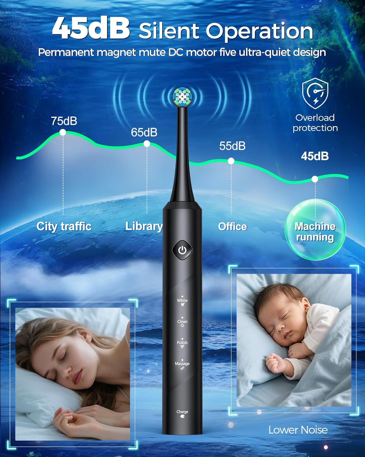Thumbnail 2 de Rotating Electric Toothbrush for Adults (Black) – 8 Brush Heads, Fast Charging, 60-Day Battery, 4 Modes, IPX7