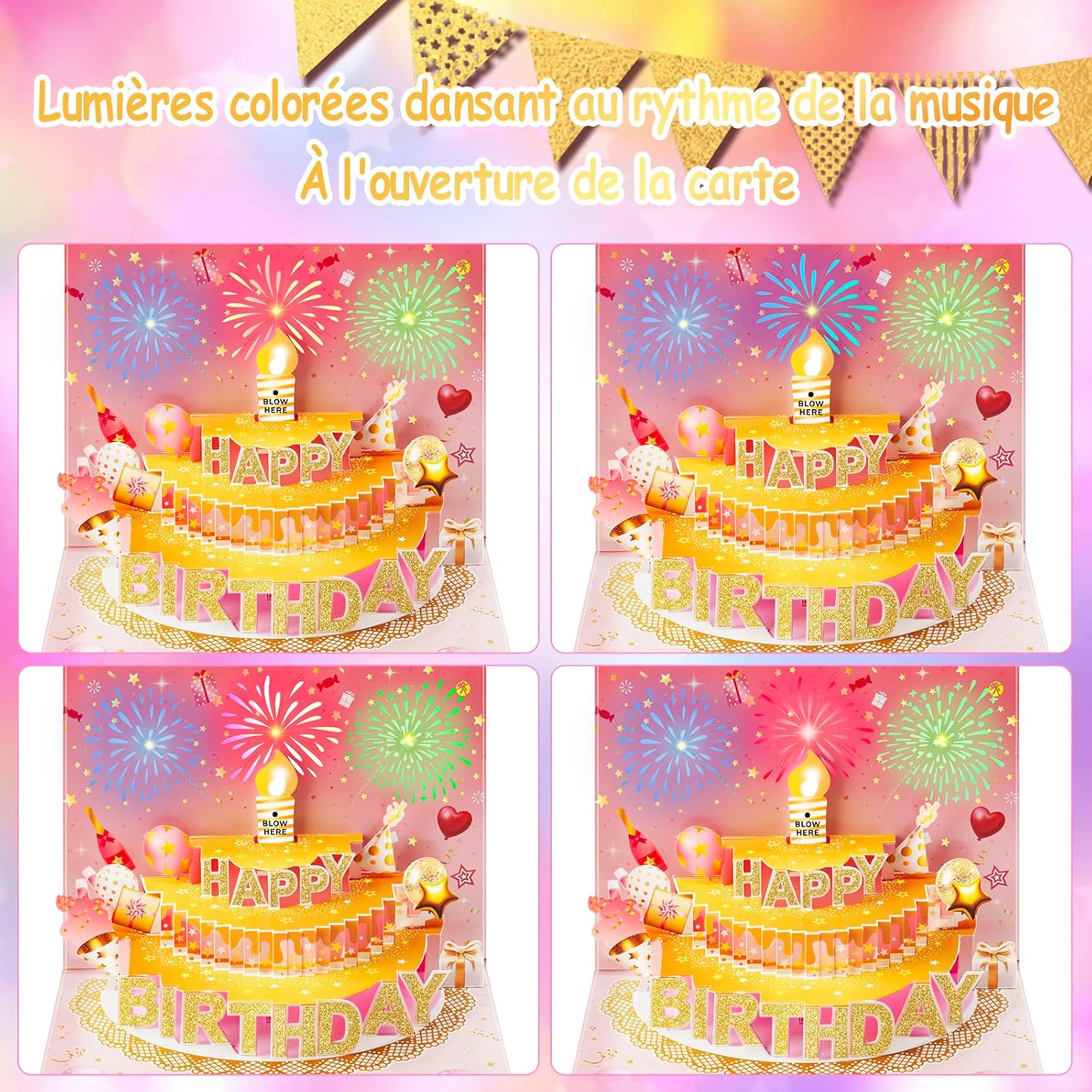 Thumbnail 1 de Carte d'anniversaire pop-up 3D avec lumières et son - bouquet lumineux 4-en-1 en rose et doré