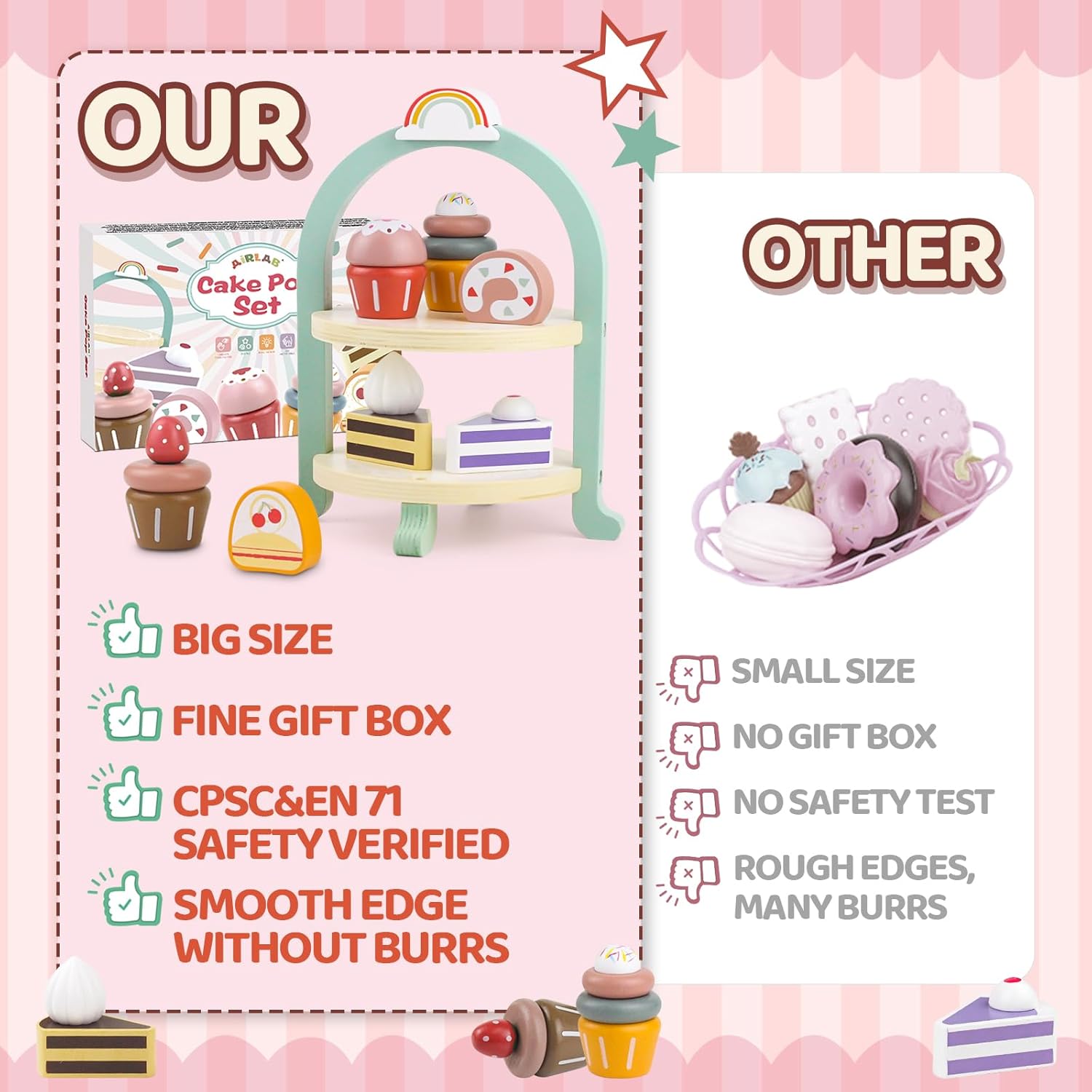 Detalle 2 de Airlab Dessert-Set aus Holz für die Kinderküche – Tee-Set mit Ständer, Kuchen & Cupcakes