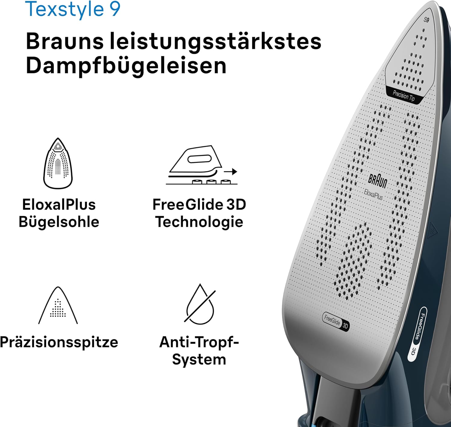 Detalle de Braun TexStyle 9 SI9682 DB Dampfbügeleisen mit FreeGlide 3D-Technologie – leistungsstark, vertikales Dampfen & iCare-Schutz