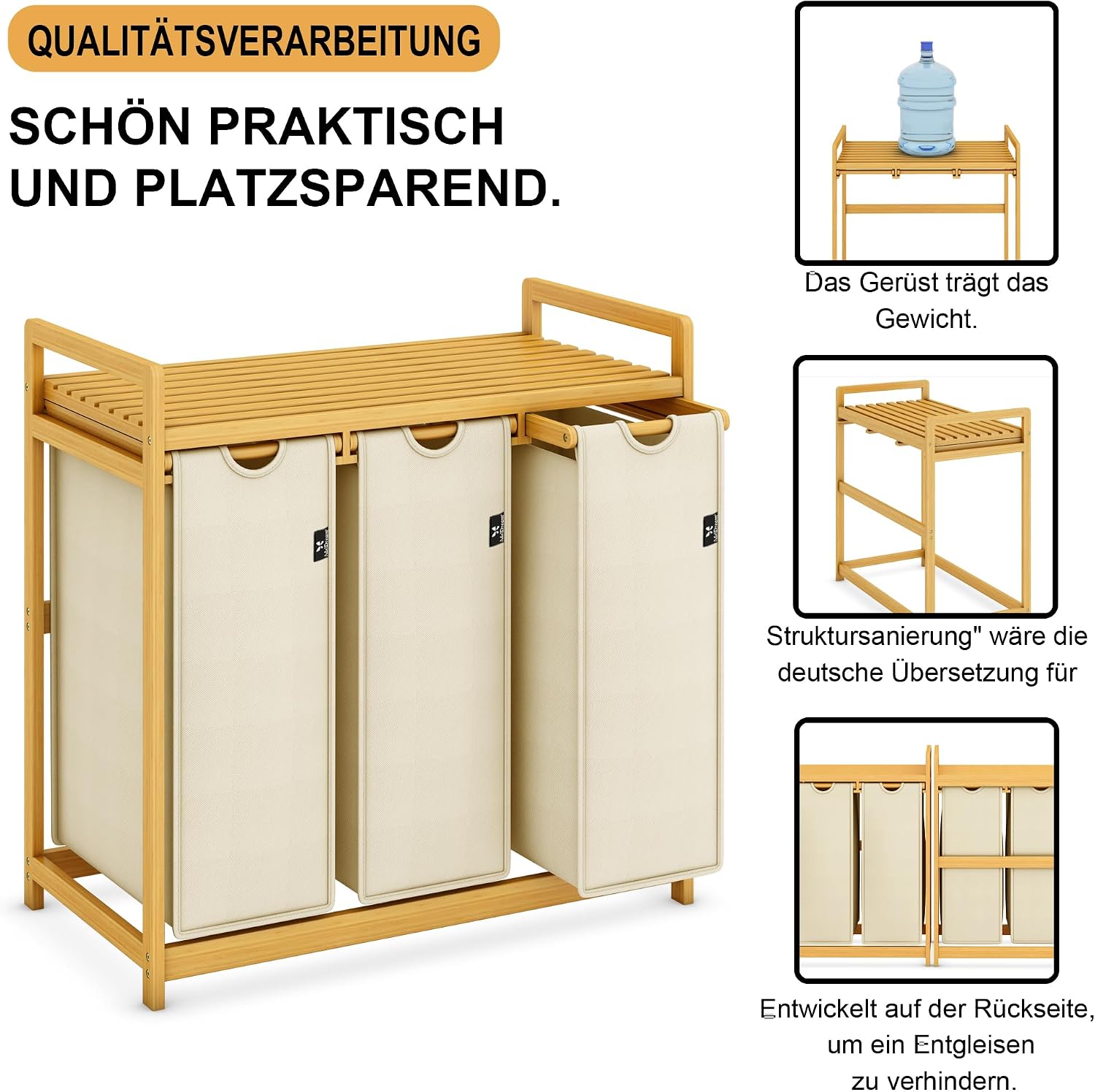 Thumbnail 3 de ADEL DREAM AdelDream Wäschekorb 150 l mit 3 Fächern, ausziehbaren und abnehmbaren Wäschesäcken, Bambusrahmen (beige)