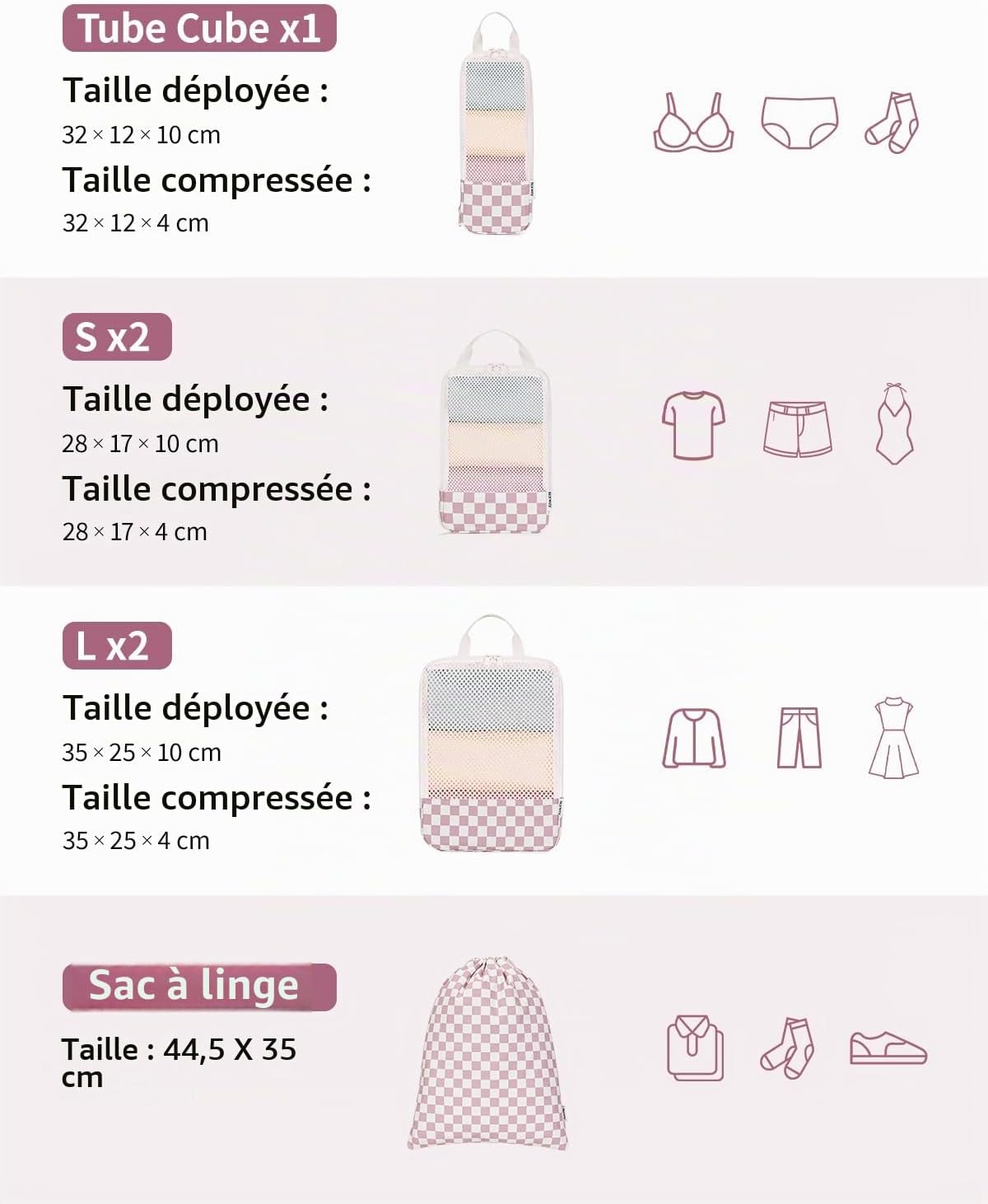Detalle de Narwey set van 6 compressiekubussen in polyester met roze dambordpatroon
