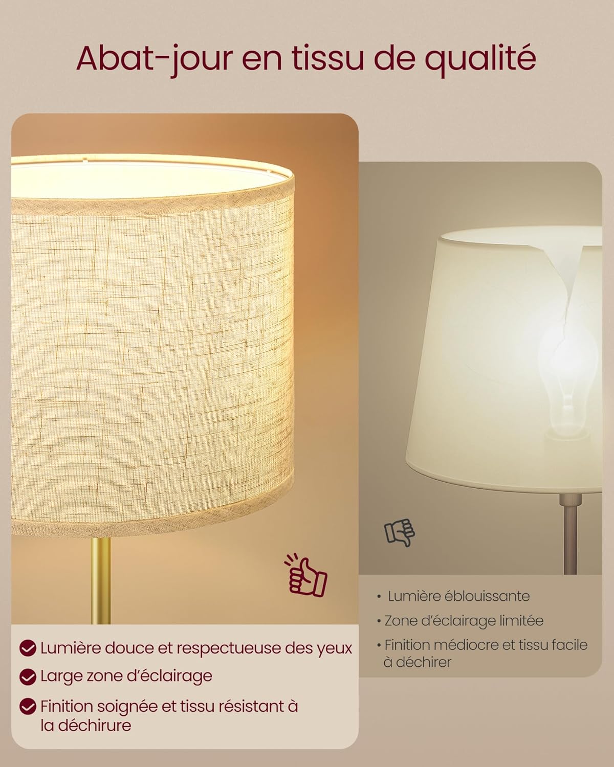 Detalle de VASAGLE Lampadaire LFL002B02 – Lampe sur pied ajustable 140–170 cm, doré et noir