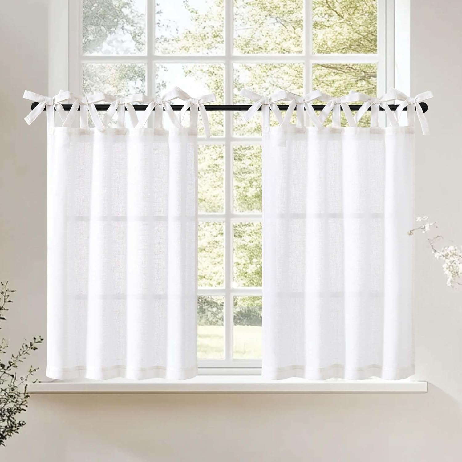 Detalle de Vangao Lot de 2 Rideaux Brise-bise en Lin Beige – 65 x 115 cm, cordon de serrage, style campagnard