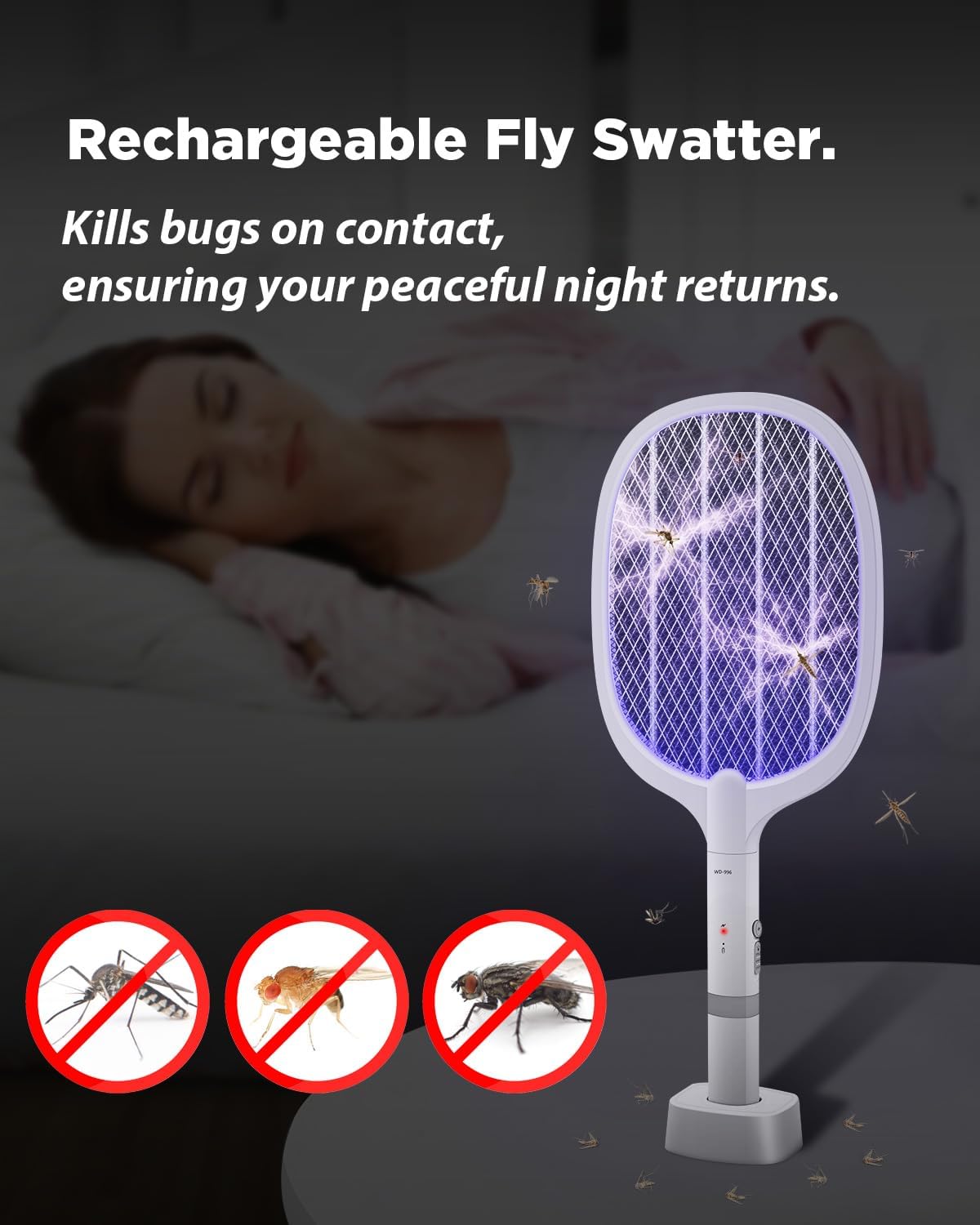 Thumbnail 1 de AOKKR Fly Zapper: Electric Insect Killer 1800mAh Rechargeable Racket (4000V) with LED Light