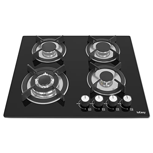 Detalle de IsEasy Placa de Gas 4 Fuegos Negro, 60 cm, 7800 W. Encimera de butano/natural/propano