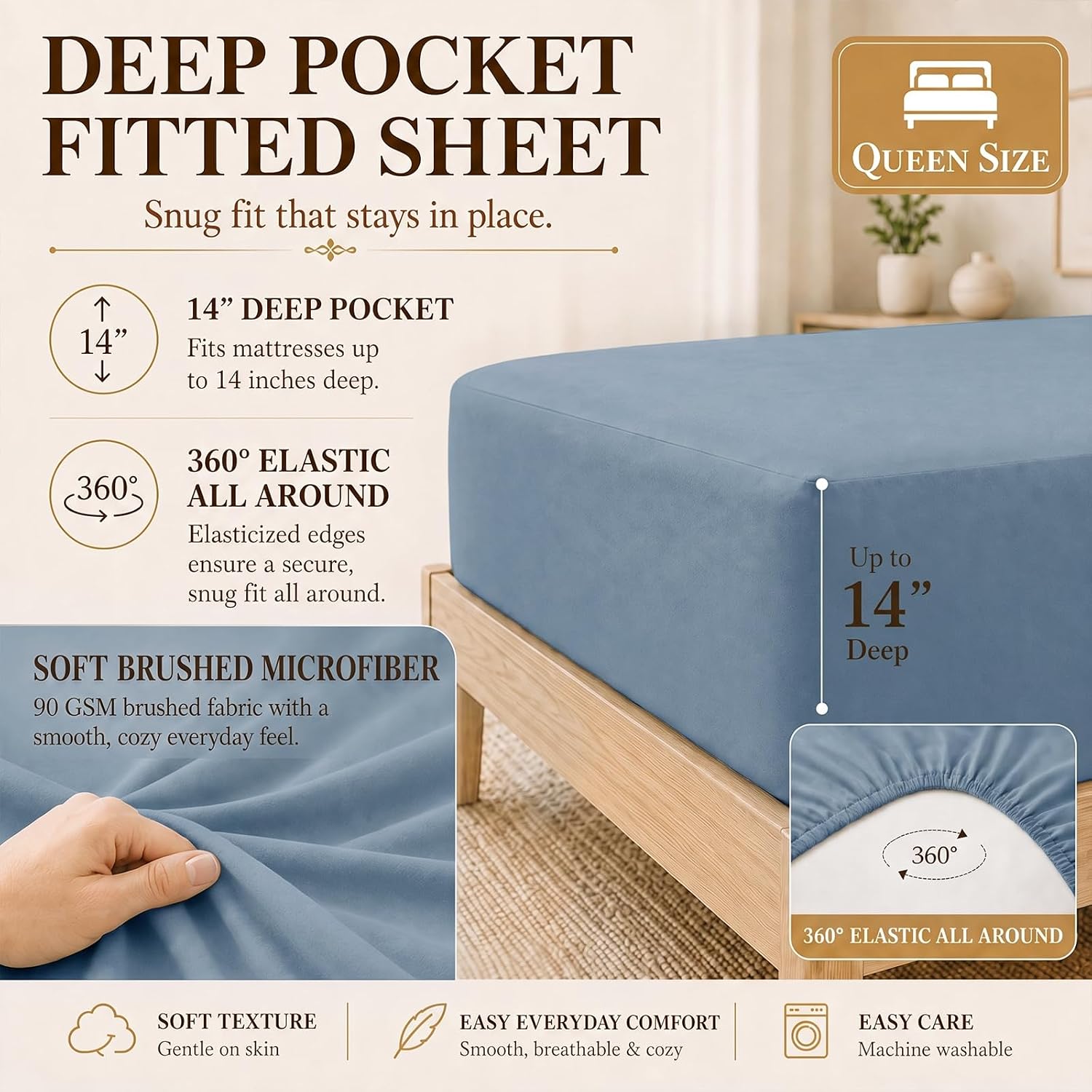 Detalle 1 de CozyLux CLUS25G90L8QU Queen Comforter Set, Dusty Blue, 240 GSM