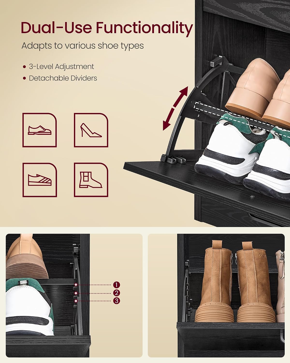 Detalle de VASAGLE LBC035B01 shoe cabinet, 4 flaps, adjustable dividers, ebony black