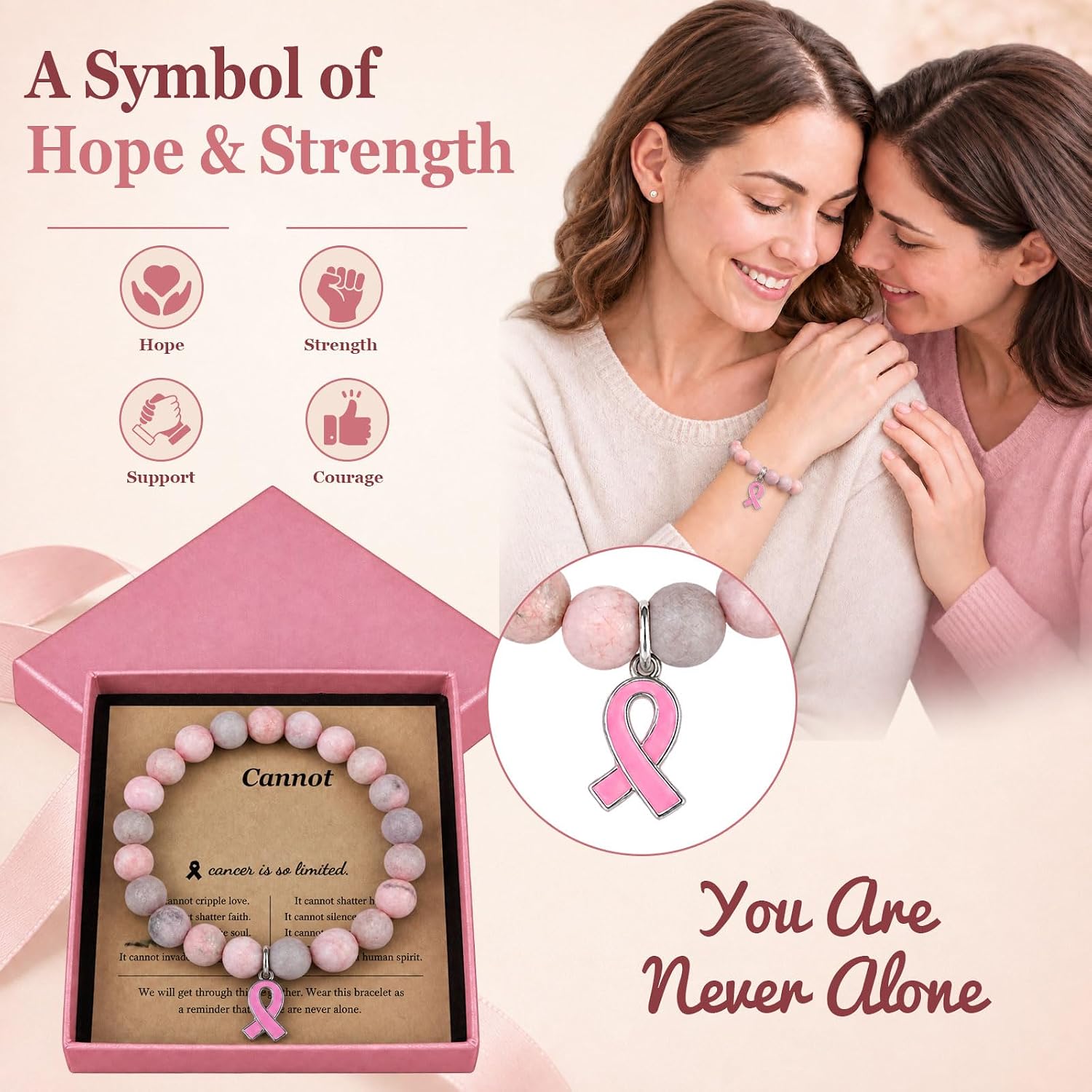 Detalle de Pink Ribbon Awareness Bracelet, Natural Stone Beads