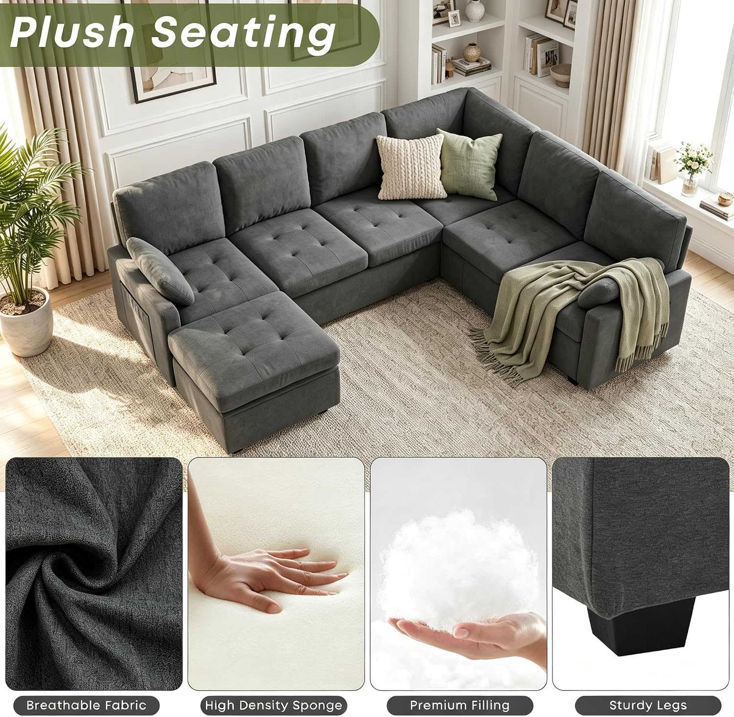 Thumbnail 3 de Huatean Home 200 7-Seat Pull-Out Sectional Sofa with Storage, Flat Gray