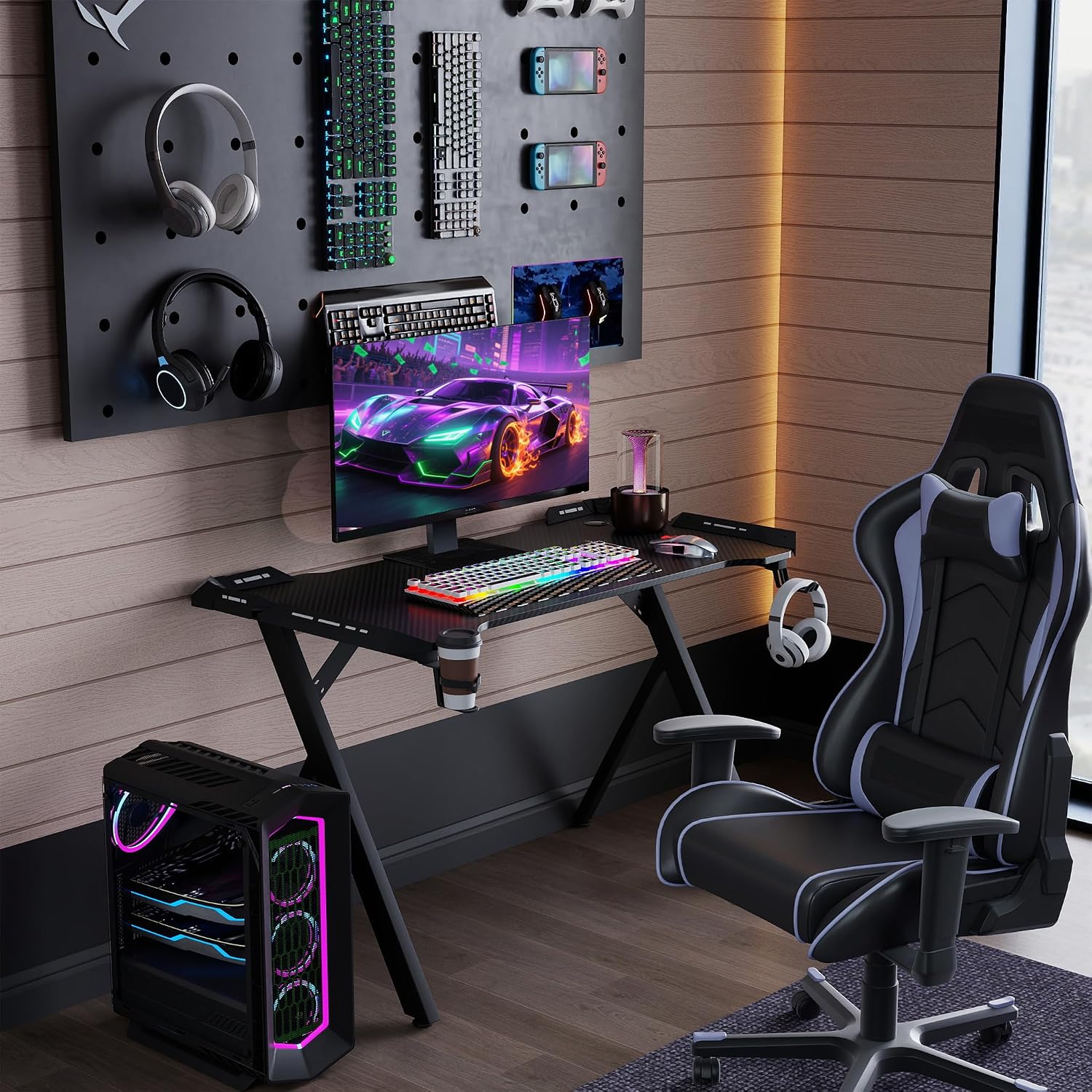 Detalle 2 de LZQ Computertische Gaming Desk, 120 x 60 cm, RGB Lighting, Carbon Fibre Surface
