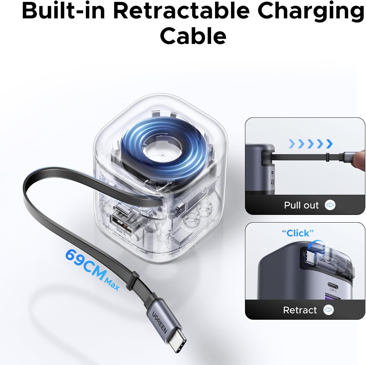 Detalle 2 de UGREEN USB-C 45W 3-Port Fast Charger Plug with Retractable Cable (UGREEN USB C Charger Plug)