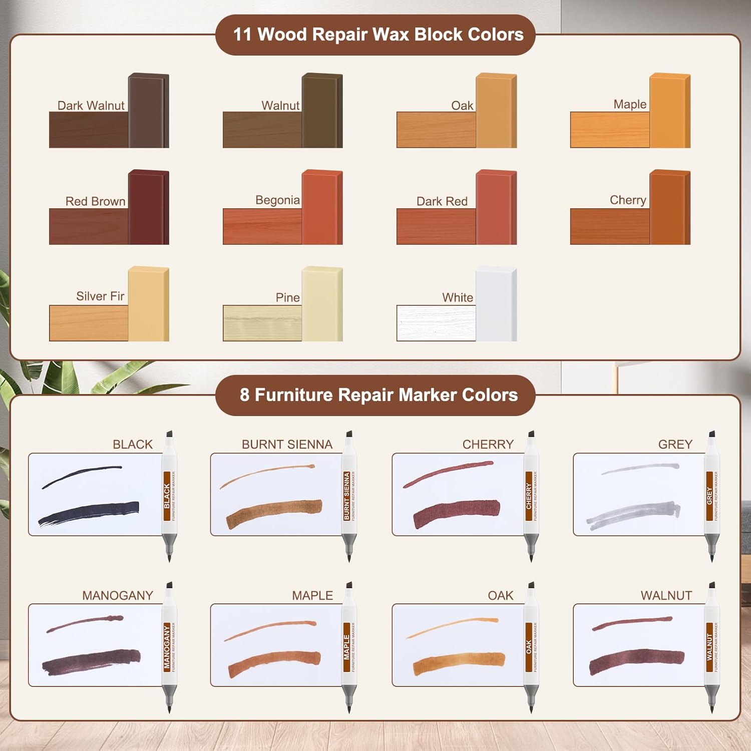 Detalle de Set di riparazione per parquet e vinile Plunderous Lingen con stucco per legno, 11 colori e 8 pennarelli a doppia punta