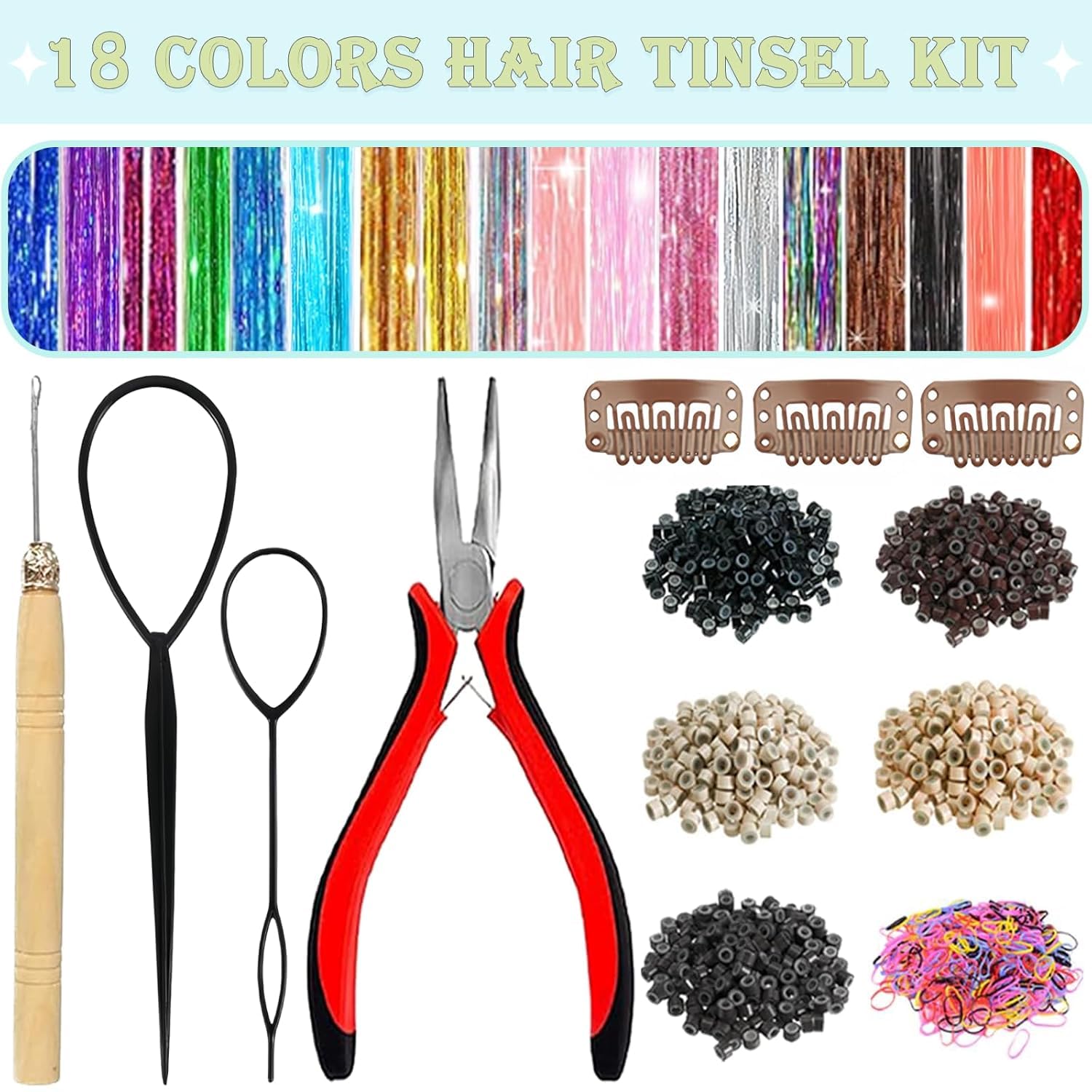 Detalle de LEDIZE 18-Color Hair Tinsel Kit, 48-Inch Heat-Resistant Polyester Strands