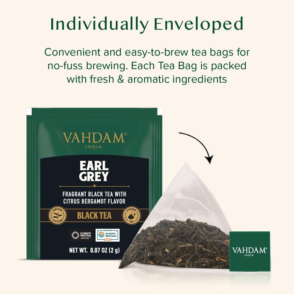 Detalle 2 de VAHDAM Earl Grey Citrus Té Negro 🍋 Sin Bergamota, 30 Piramidales