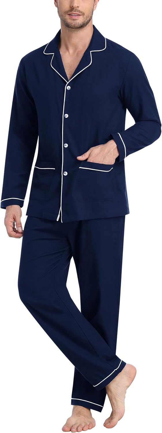 Detalle 2 de MoFiz Pyjama Homme Hiver en Coton – Ensemble Pyjama Boutonné, Manches Longues, Carreaux ou Uni