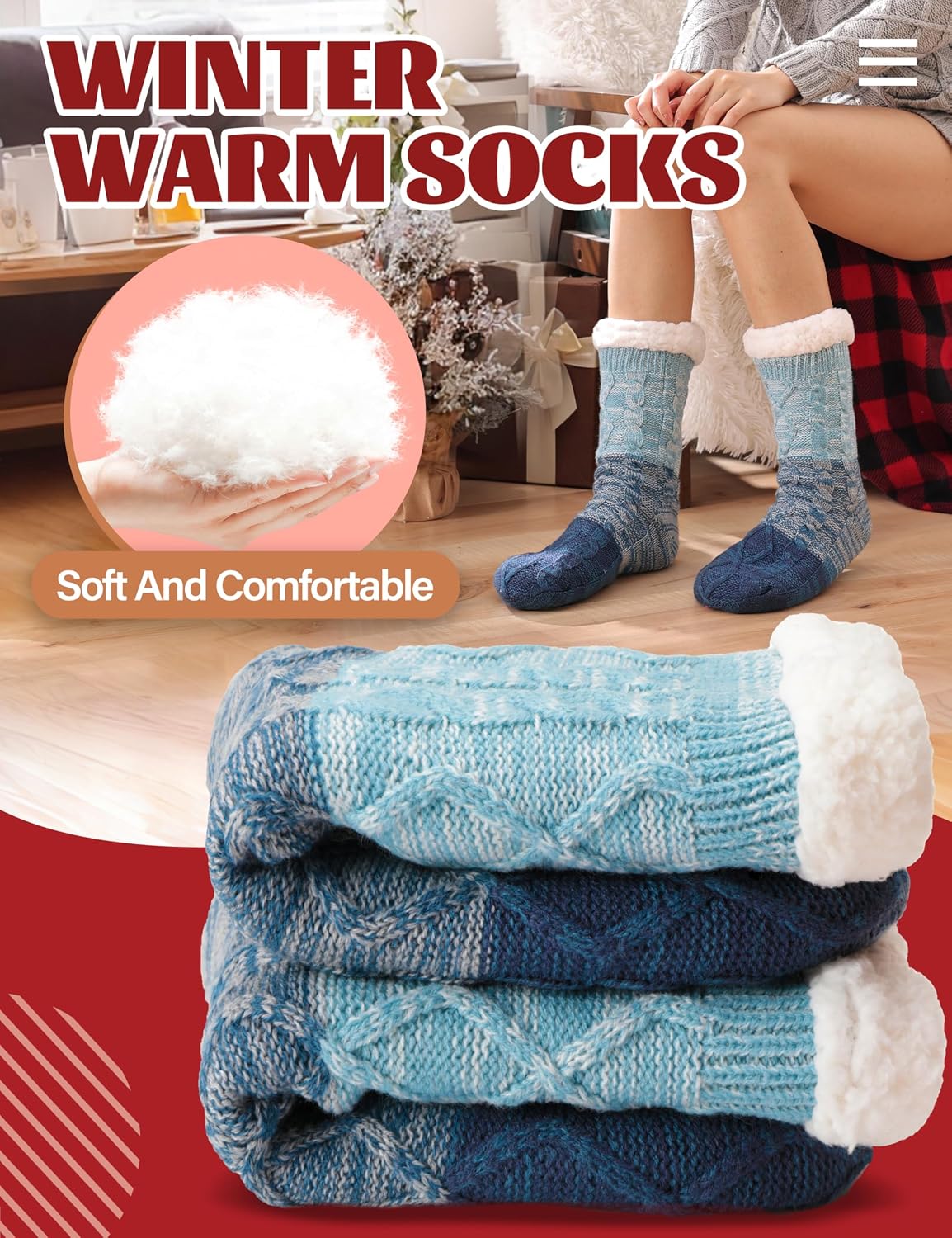 Detalle 1 de Anlisim Women’s Slipper Socks, Thick Fleece with Non-Slip Grips