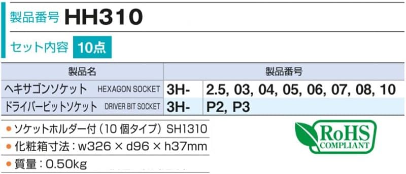 Detalle de トネ(TONE) HH310 ヘキサゴンソケットセット 9.5mm差込角・10点・ホルダー付