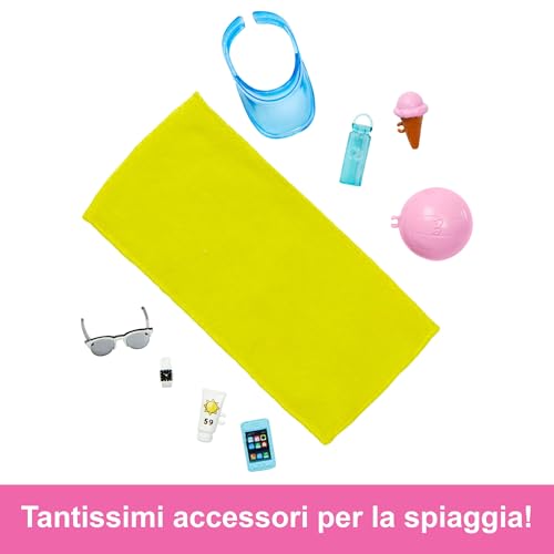 Detalle de Barbie Ken biondo da spiaggia con costume azzurro e camicia blu – set completo per avventure estive