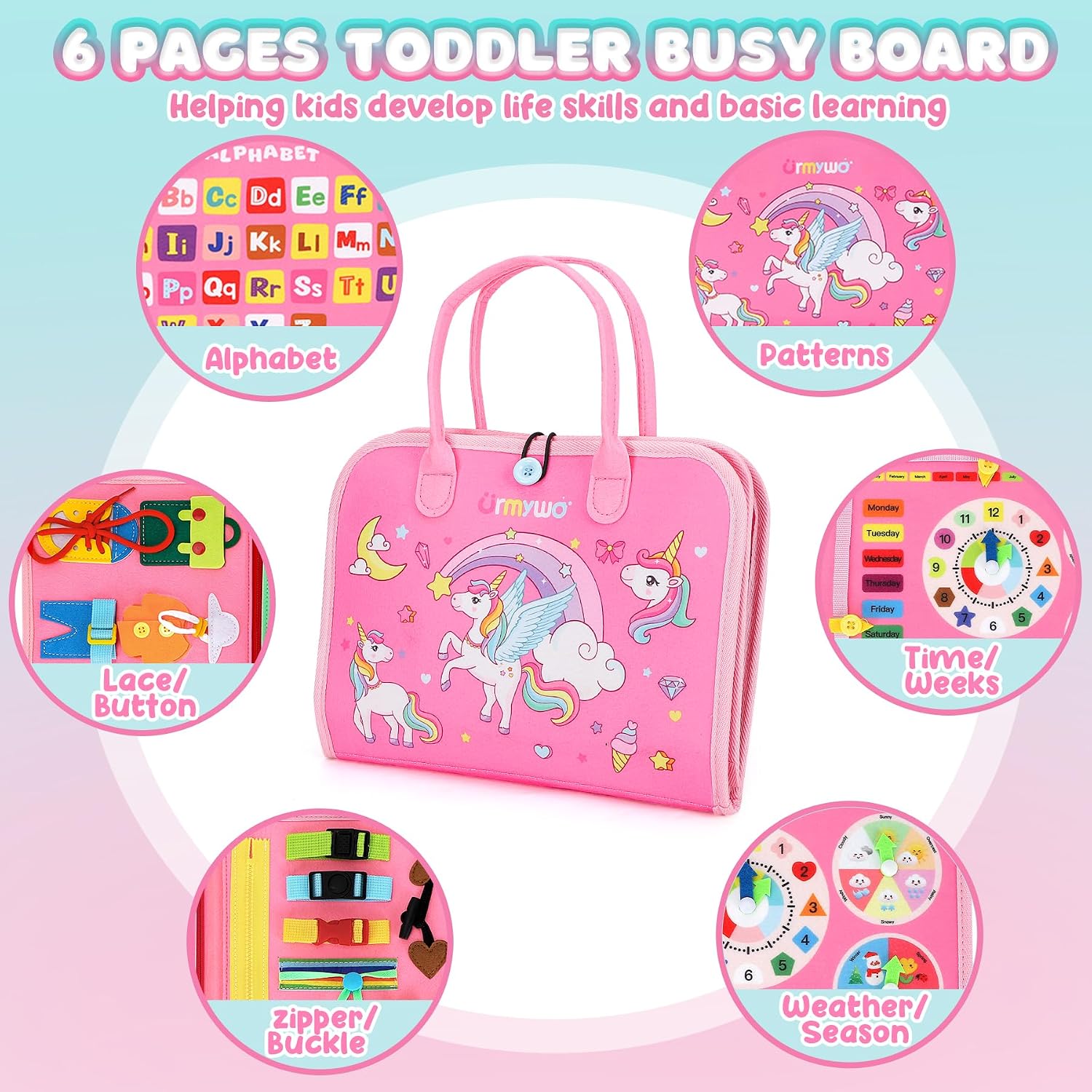 Detalle de Busy Board Montessori Busy Book for Toddlers, 6 Felt Pages for Travel