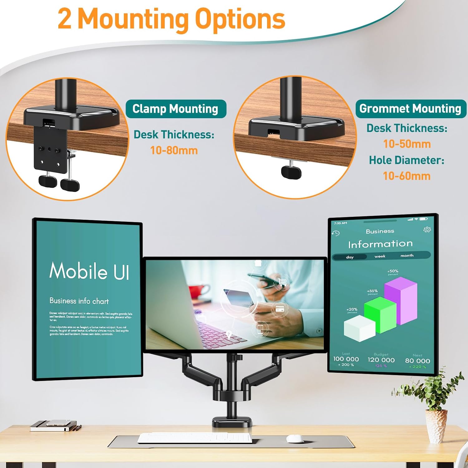 Thumbnail 5 de ELIVED Triple Monitor Arms – Adjustable Gas Powered Desk Mount for 3 Monitors (VESA 75x75/100x100, 13–27 inch)