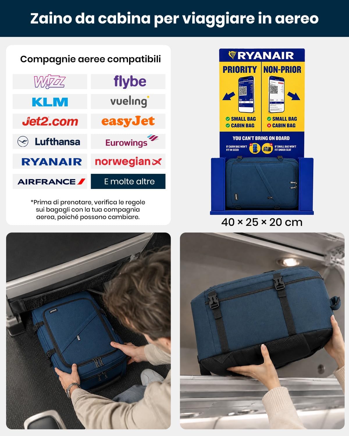 Detalle de KONO Zaino Ryanair 40x20x25 cm – Zaino da viaggio e bagaglio a mano per aerei, apertura 180°