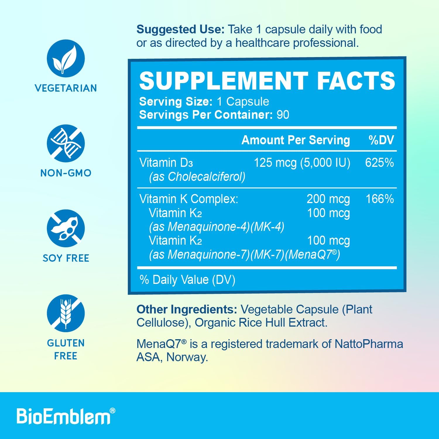 Detalle de BioEmblem Vitamin D3 K2 Capsules, 5,000 IU