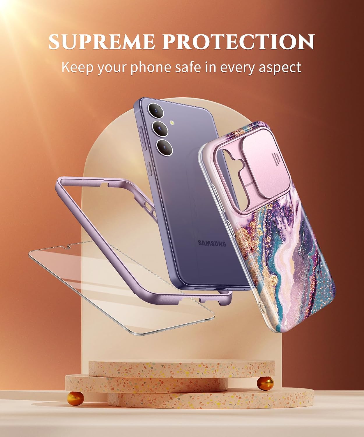 Detalle de GVIEWIN Marble Case with Slide Camera Cover for Samsung Galaxy S24 (6.2") – Purple Dreamland River