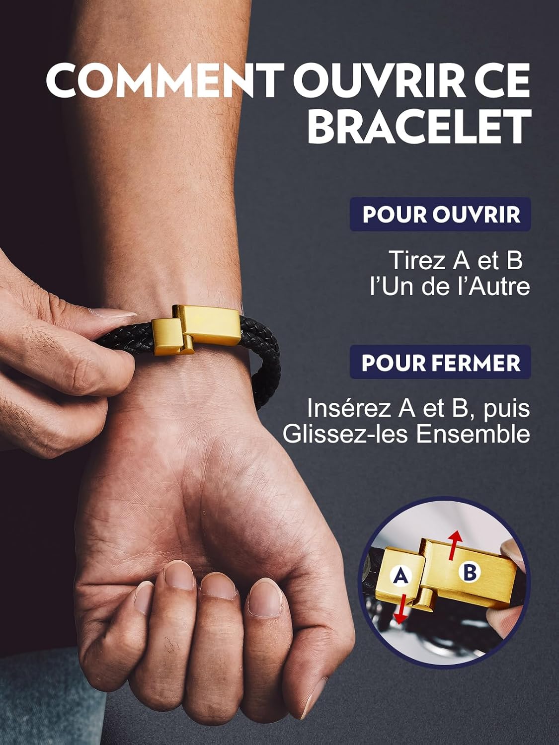 Thumbnail 6 de Bandmax Bracelet en cuir tressé avec fermoir magnétique – Longueurs 19/21/23/25 cm