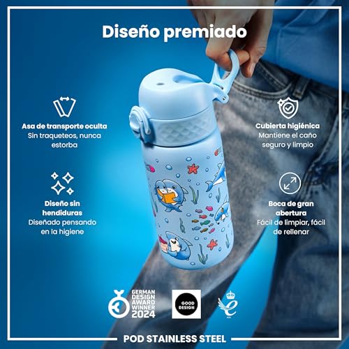 Detalle de Ion8 Botella de Agua Inox para Niños 400 ml: ligera, antifugas y con tapa abatible