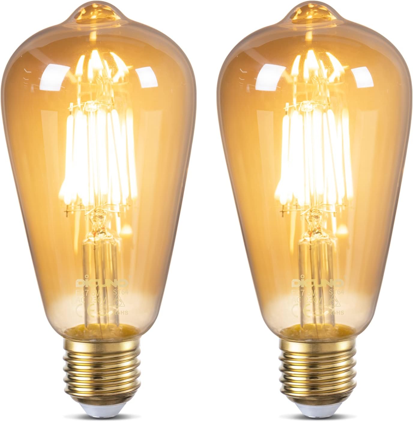 Detalle de DiCUNO Vintage Light Bulb E27 Edison Screw Bulb, 6W Warm Amber Glass, 600LM, Non-Dimmable, ST64 (2 Pack)