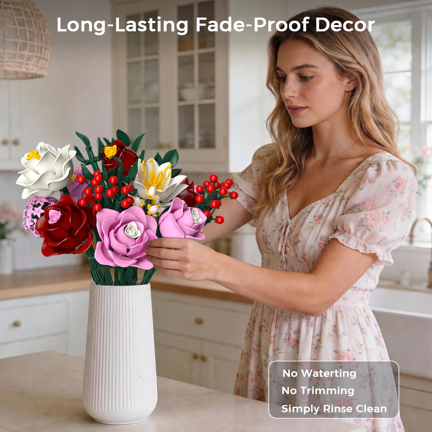 Detalle 2 de Layered Blush Pink Roses Bouquet Building Set, 720 Pieces, Adjustable Stems