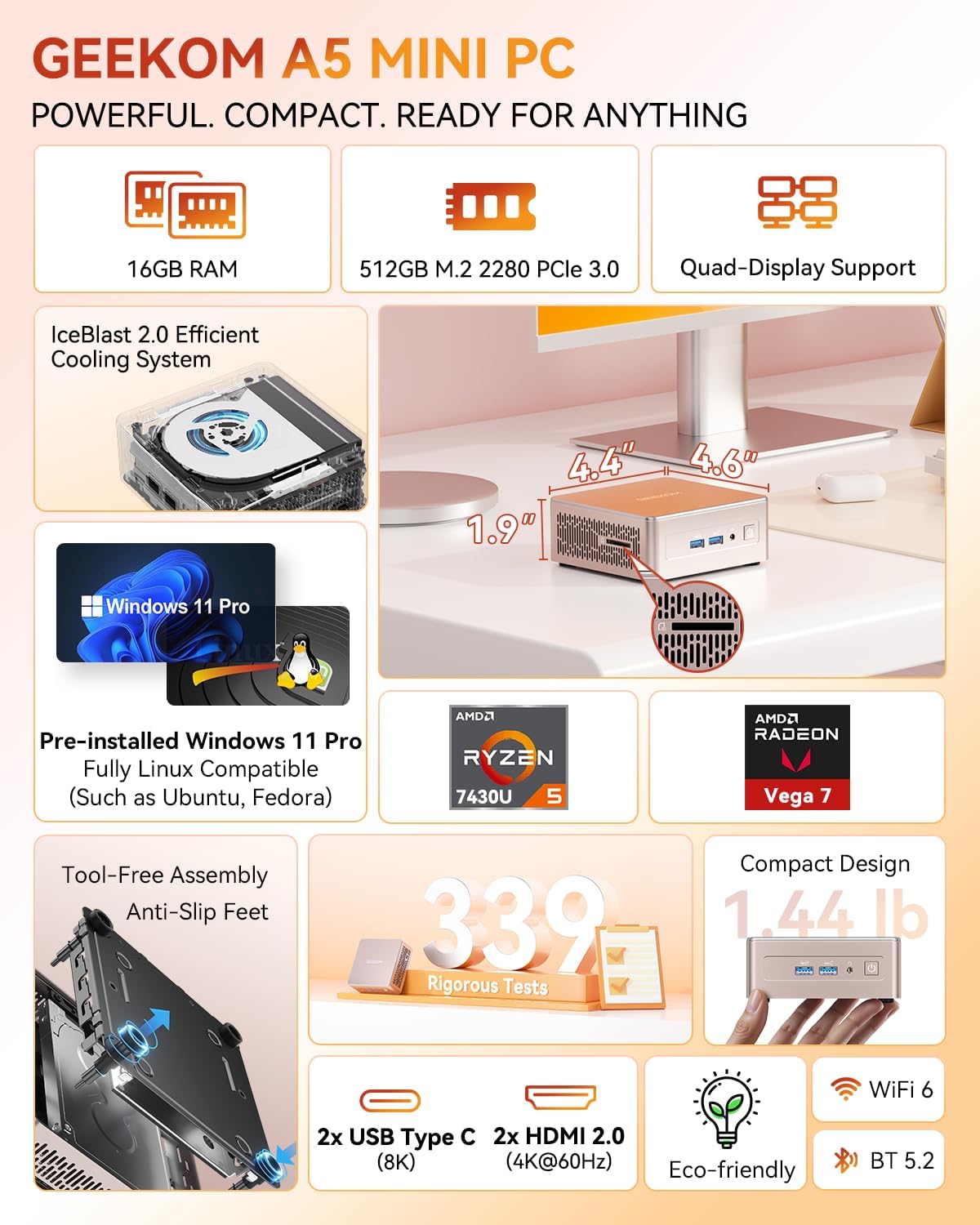 Thumbnail 1 de GEEKOM A5 Mini PC with Ryzen 5 7430U: Compact, Upgradable Power for 4K and Productivity
