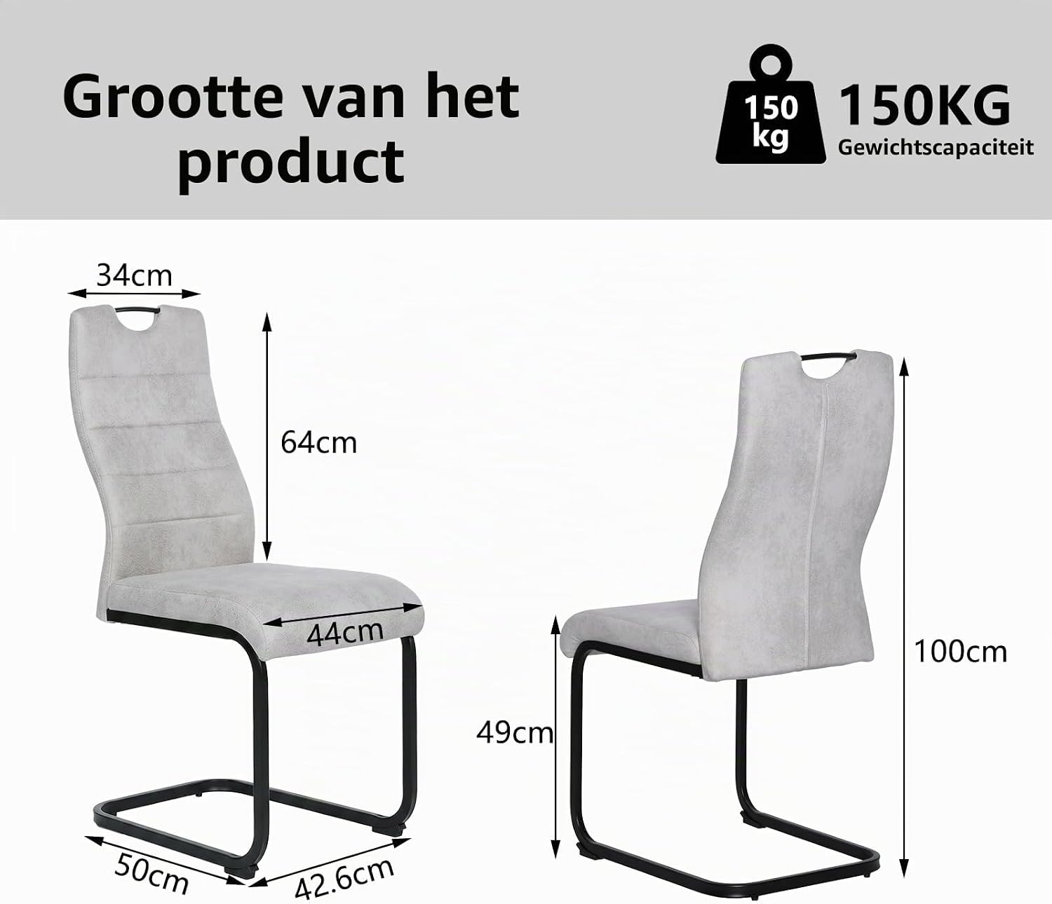 Detalle 2 de JIEXI NC181 cantilever eetkamerstoelen, set van 4 met grijze stof en zwart frame
