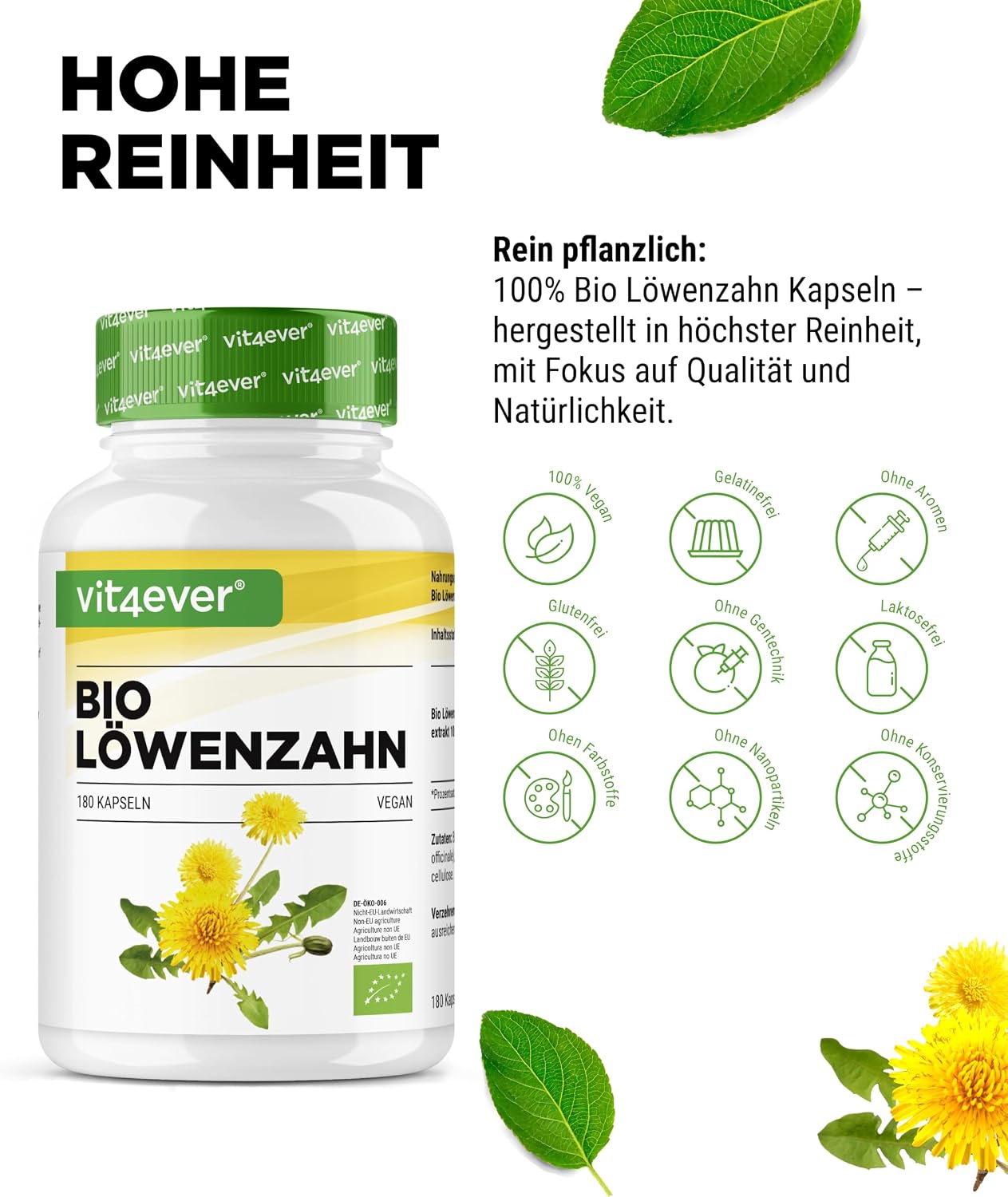 Detalle de vit4ever Bio Löwenzahn – 180 Kapseln (1.500 mg Löwenzahnwurzelextrakt, 10:1)