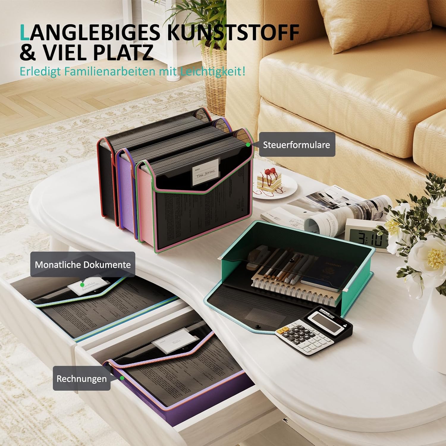 Thumbnail 2 de ThinkTex 5er-Set A4-Dokumentenmappen mit Stoffrand, erweiterbar & Druckknopf (5 Farben – Schwarz)