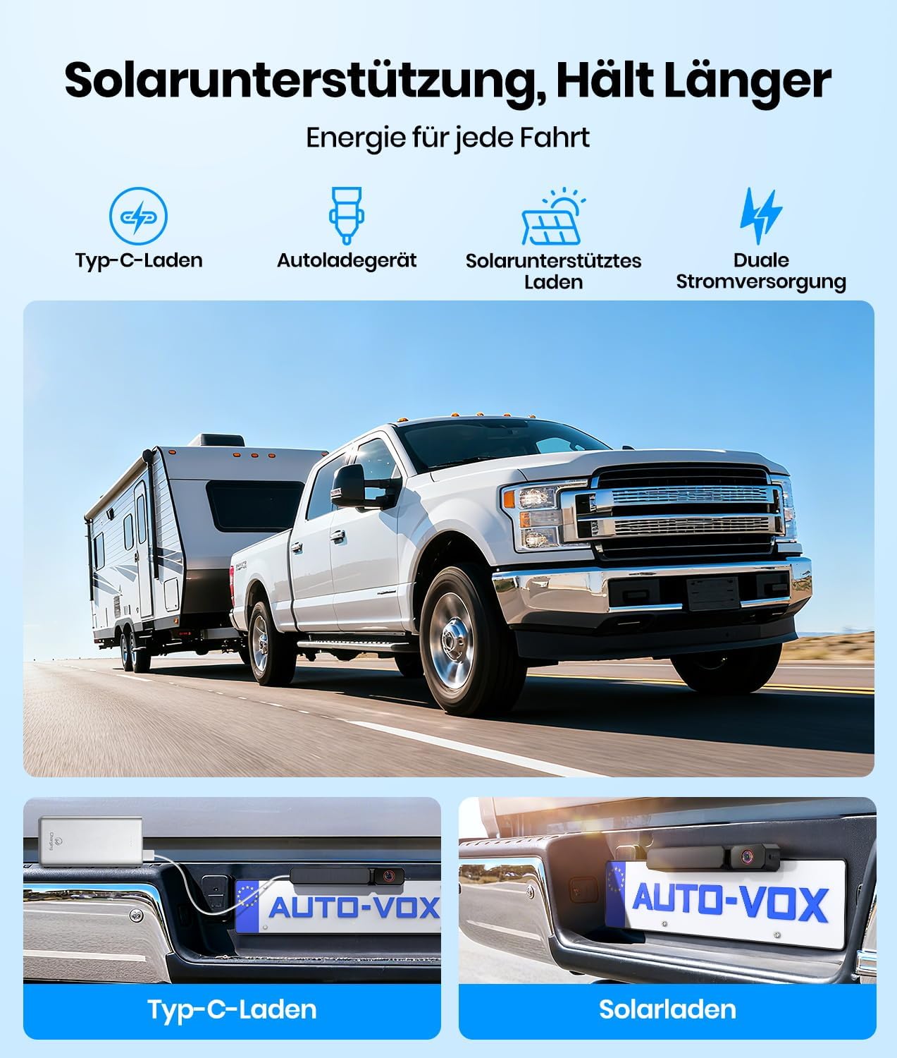 Thumbnail 1 de AUTO-VOX kabellose Solar-Rückfahrkamera mit 7,2" HD Split-Screen und Dual-Antenne (1080P, Farbnachtsicht)