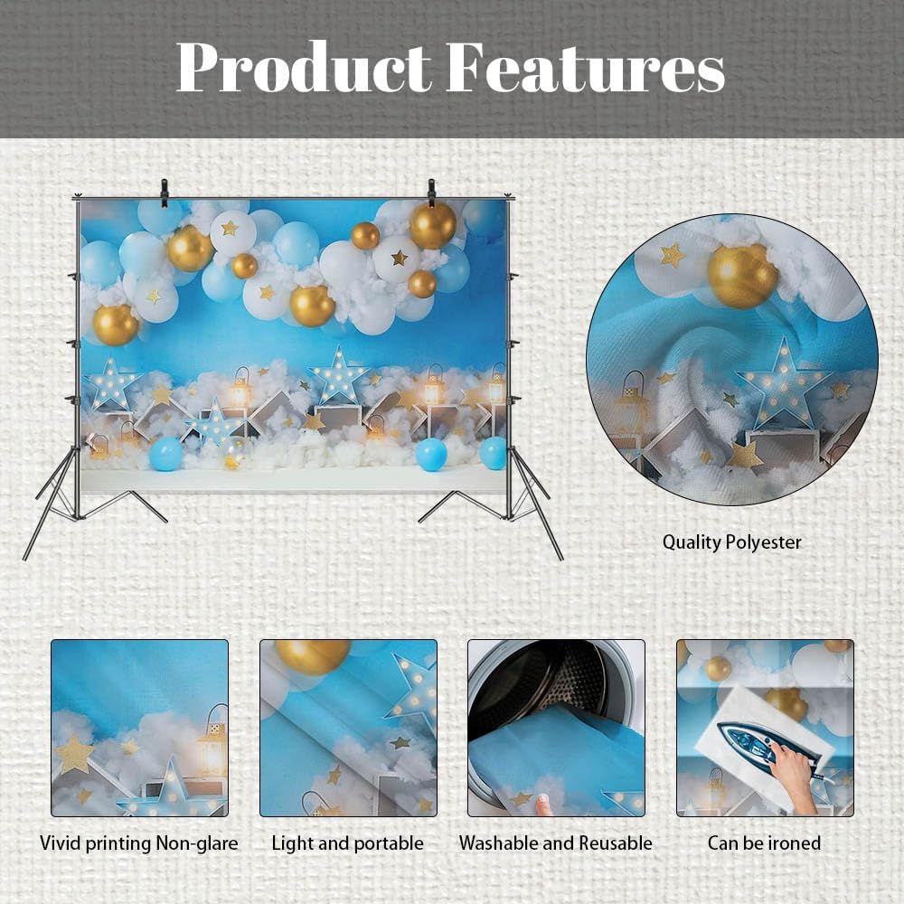 Thumbnail 4 de MEHOFOND 7x5ft boy birthday photo backdrop (white cloud, balloon and star design) for newborn, cake smash and party shoots