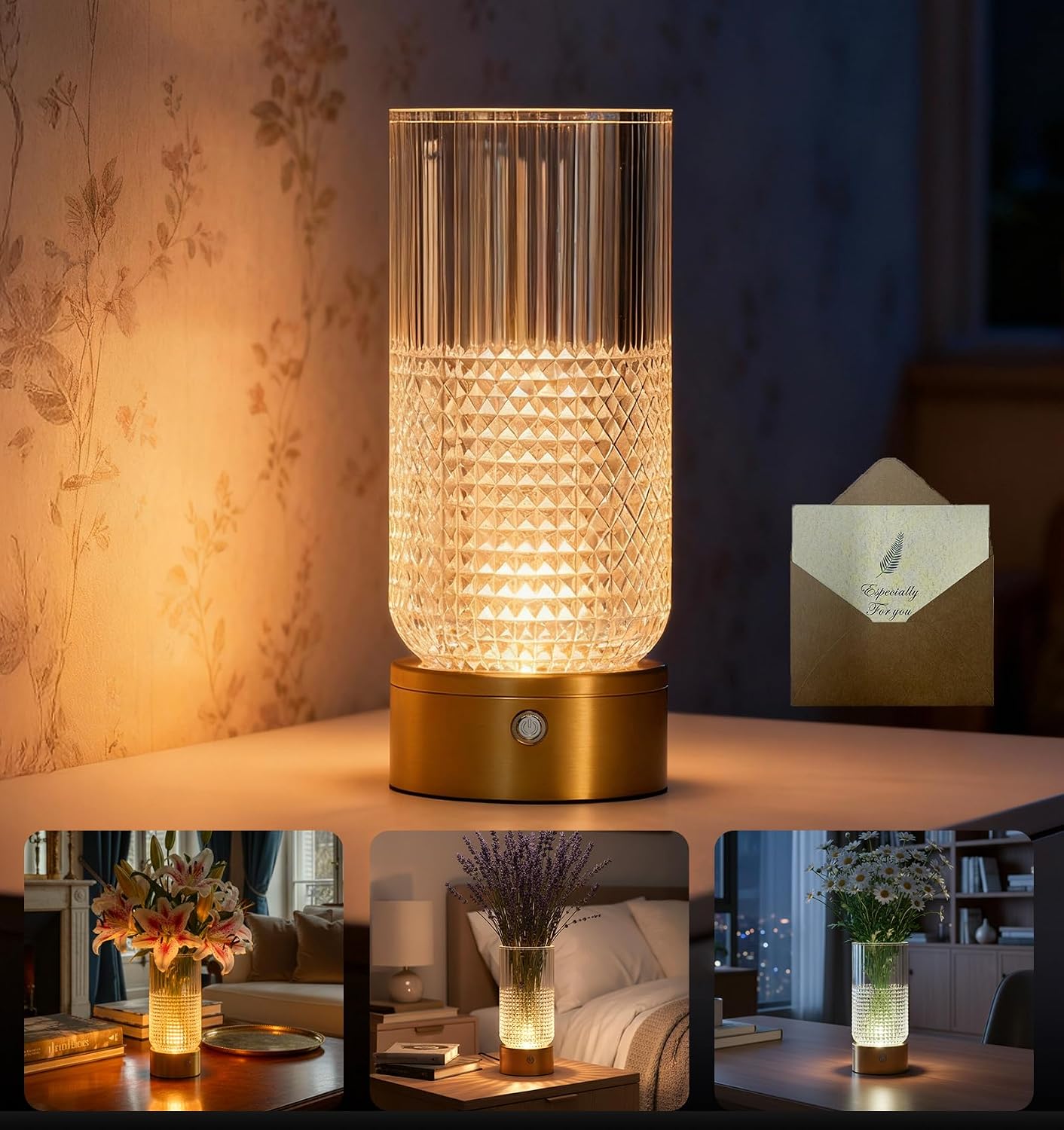 Detalle de YITGOG Light Up Vase with Lamp: Cordless Crystal Vase in Copper Finish, 3-Colour Dimmable Light